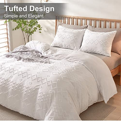  White Tufted Duvet Cover King Size (104x90 Inch), 3 Pieces Boho Soft Microfiber Bedding For All Seasons, Shabby Chic Embroidery Geometric Comforter Cover With Zipper Closure Corner Ties