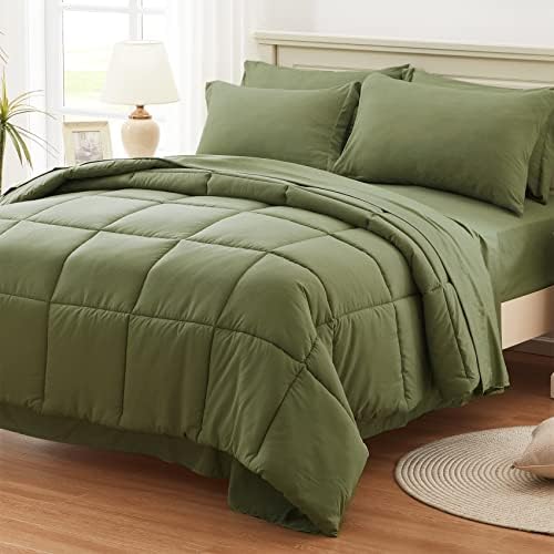  Anluoer Queen Size Bed In A Bag 7 Pieces, Sage Green Bed Comforter Set With Comforter And Sheets, All Season Bedding Sets With 1 Comforter, 2 Pillow Shams, 2 Pillowcases, 1 Flat Sheet,1 Fitted Sheet