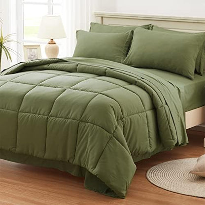  Anluoer Queen Size Bed In A Bag 7 Pieces, Sage Green Bed Comforter Set With Comforter And Sheets, All Season Bedding Sets With 1 Comforter, 2 Pillow Shams, 2 Pillowcases, 1 Flat Sheet,1 Fitted Sheet