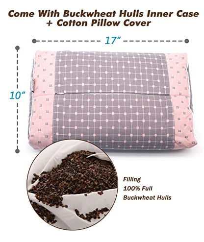  Edomi Neck Pillows For Pain Relief Buckwheat Meditation Cushion Cervical Bed Pillow For Sleeping For Back Stomach Side Sleepers Rectangle Yoga Bolster Pillow (17x10 Inch, Gray&Pink)