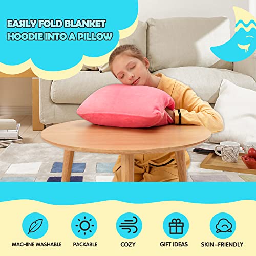  Yescool Wearable Blanket Sweatshirt Kids, Oversized Blanket Hoodie With Sherpa For Kids, Youth, Boys, Girls, Portable Warm Travel Pillow, Teen Wearable Blankets, Hand Warmer, One Size, Pink
