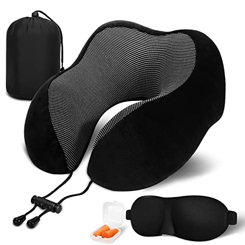  Findigit Travel Neck Pillow 100% Pure Memory Foam Pillow, Airplanes & Car Sleep Neck, Comfortable & Breathable Cover, Machine Washable, Travel Kit With Eye Masks, Earplugs, And Luxury Bag (Black)