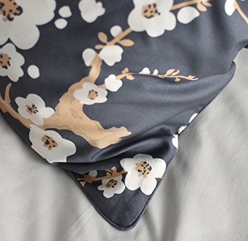  Japanese Oriental Style Cherry Red Blossom Floral Branches Print Duvet Quilt Cover 300tc Cotton Bedding 3 Piece Set (Queen, Charcoal)