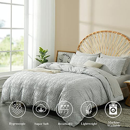  BEDAZZLED Duvet Cover King Size, 3 Pieces Tufted Comforter Cover Set, Soft And Embroidery Shabby Chic Boho Bedding Sets For All Seasons, Light Grey