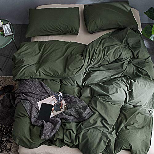  3 Pieces Duvet Cover Set Queen 100% Washed Cotton 1 Duvet Cover With Zipper And 2 Pillowcases, Ultra Soft And Easy Care Breathable Cozy Simple Style Bedding Set (Avocado Green)