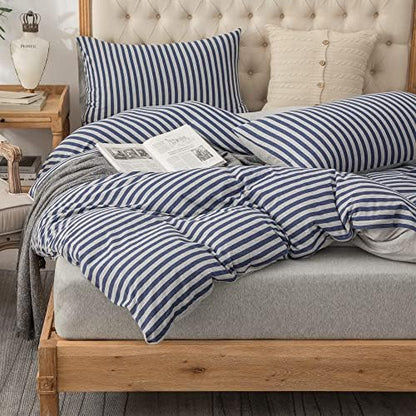  PURE ERA Jersey Knit Duvet Cover Set 100% T-Shirt Heather Cotton Super Soft Comfy Classic Striped Design, With Zipper Closure, Forest Green Stripe, Queen