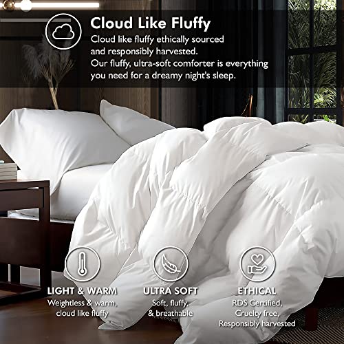  Luxurious King/California King Size Goose Down Fiber Comforter Down Feather Fiber Duvet, 100% Egyptian Cotton Cover, 58 Oz. Fill Weight, Baffle Box Design, White Solid