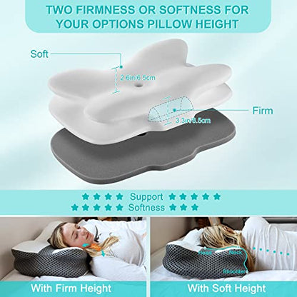  Elviros Cervical Pillow, Contour Memory Foam Pillow For Neck Pain Relief, Adjustable Orthopedic Contour Support Pillows For Sleeping, Ergonomic Bed Pillow For Side, Back, Stomach Sleepers (Dark Grey)