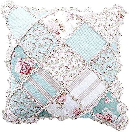  Set Of 2 Blooming Floral Throw Pillow Covers - Patchwork Hint Of Mint Cotton Garden Country Cottage - Ruffles Muted Pastel Light Seafoam Blue/Green - 18" X 18"