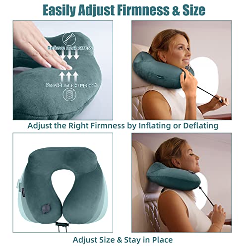  Urophylla Inflatable Travel Pillow For Airplane, Inflatable Neck Pillow For Traveling With 3D Contoured Eye Masks, Adjustable Neck/Chin Support Pillow For Trains, Cars, Large (Green)
