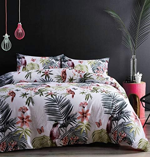  Eikei Palm Leaves Duvet Cover And Pillowcases Set Tropical Exotic Island Flowers Trees Branches Paradise Birds Bedding Jungle Plants Modern Botanical Print Long Staple Cotton (Pine Green, King)