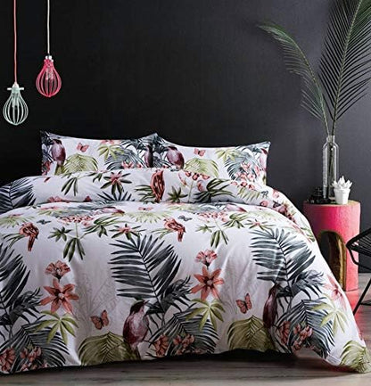  Eikei Palm Leaves Duvet Cover And Pillowcases Set Tropical Exotic Island Flowers Trees Branches Paradise Birds Bedding Jungle Plants Modern Botanical Print Long Staple Cotton (Pine Green, King)