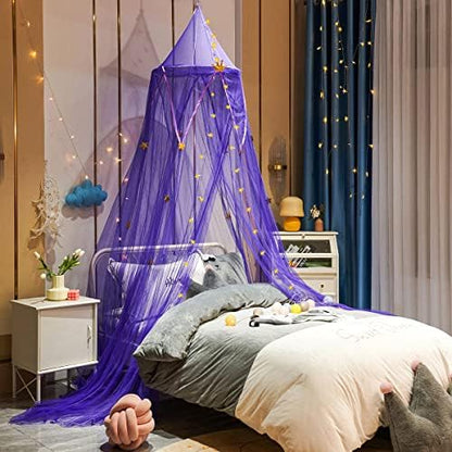  Bed Canopy With Stars And Crown, 7 Doors Mosquito Net Bed Canopy For Girls, Princess Canopy For Girls Bed Room Decor, Encrypted Fabric, Purple