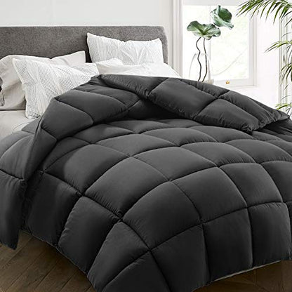  All Season Queen Size Bed Comforter - Cooling Down Alternative Quilted Duvet Insert With Corner Tabs - Winter Warm - Machine Washable - Dark Grey