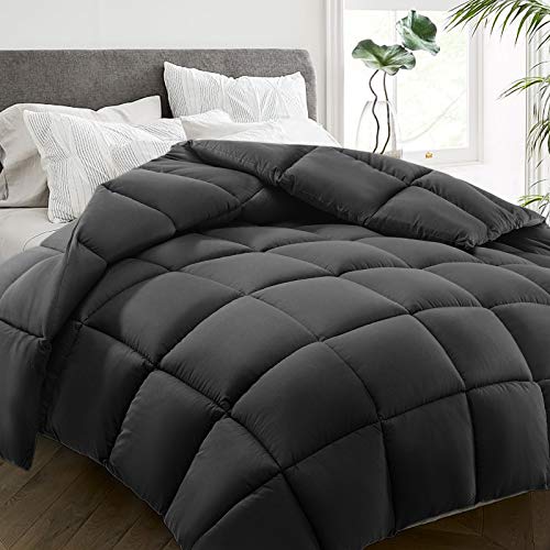  All Season Queen Size Bed Comforter - Cooling Down Alternative Quilted Duvet Insert With Corner Tabs - Winter Warm - Machine Washable - Dark Grey