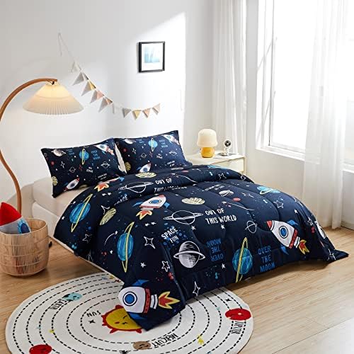  Beeweed 2 Piece Kid Comforter Set Twin Size, Space Rocket Bedding Set For Teen Boys Girls