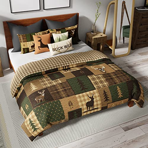  Full/Queen Bedding Set - 3 Piece - Green Forest Lodge Quilt Set With Full/Queen Quilt And Two Standard Pillow Shams - Fits Queen Size And Full Size Beds - Machine Washable