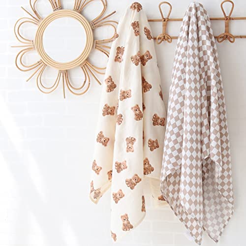  LifeTree Muslin Swaddle Blankets Neutral, Baby Swaddling Wrap Nursery Receiving Blanket For Boys & Girls Unisex, Soft Bamboo Cotton, Large 47 X 47 Inches, Bear & Checkered Coffee