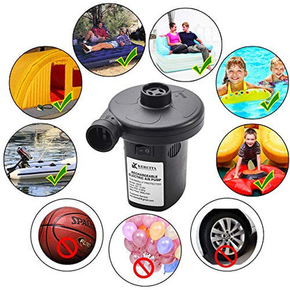  Electric Air Pump For Inflatables Rechargeable Portable Air Mattress Pump Inflator/Deflator Air Pump For Pool Floats, Raft, Bed, Boat, Pool Toy With 12-24V DC &120V AC Adaptor, 3 Nozzles