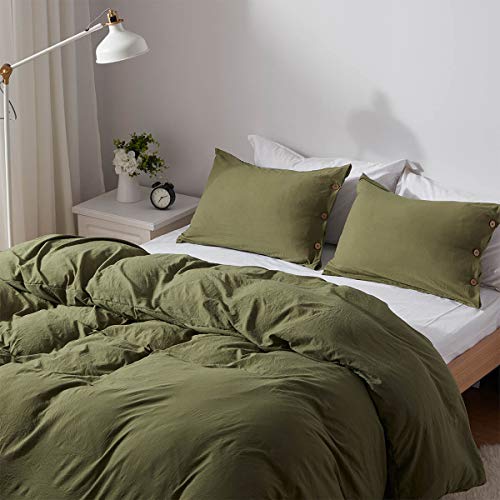  Queen Size Duvet Cover Set With Buttons Closure Olive Green, 3 Pieces Solid Color Ultra Soft Skin-Friendly Comforter Cover Set (1 Duvet Cover +2 Pillowcases)