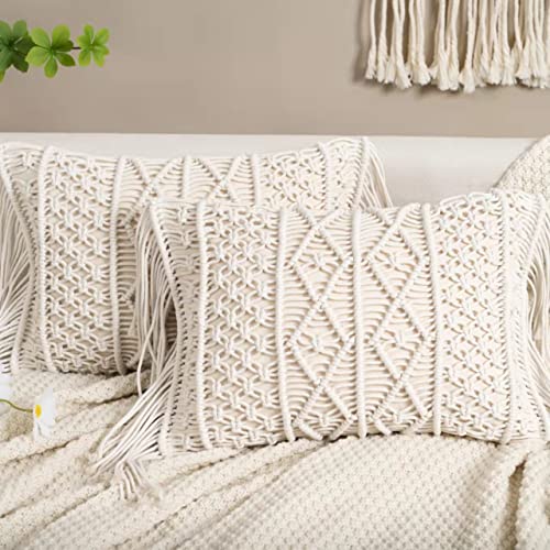  HOMESUNSHINE Macrame Lumbar Pillow Cover-Set Of 2 With Tassels Rectangualr Cushion Covers Boho Throw Pillow Cover For Couch, Sofa, Bed, Farmhouse, Chair, Dining, Patio, Outdoor, Car (B)