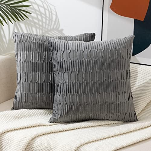  ETASOP 2Pack White Velvet Pillow Covers With Wave Striped Decorative, Luxury Soft Cushion Cases For Farmhouse Couch Sofa Living Room,18x18 Inches
