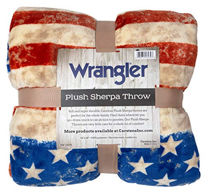  Wrangler Stars & Stripes USA American Flag Sherpa Fleece 54x68 Throw Blanket, 54" X 68", White