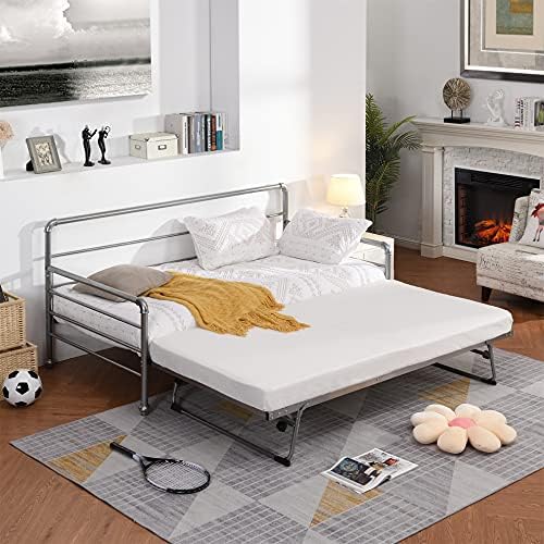  Twin Size Metal Daybed With Trundle, Daybed With Slat No Box Required, Noise Free, For Bedroom Living Room - Pink
