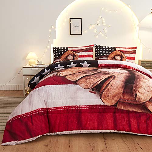  Namoxpa Baseball American Flag Comforter Sets,Baseball Bat And Ball On Foreground Of Star-Spangled Banner National Sports,Decorative 3 Piece Bedding Comforter Sets With 2 Pillow Shams,Twin Size