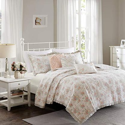  Madison Park 100% Cotton Quilt Set Floral Print, Double Sided Stitching, All Season, Lightweight Coverlet Shabby Chic Bedding Layer, Matching Shams, Full/Queen, Pink 6 Piece