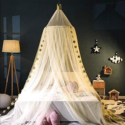  Bed Canopy With Stars And Crown, 7 Doors Mosquito Net Bed Canopy For Girls, Princess Canopy For Girls Bed Room Decor, Encrypted Fabric, Purple