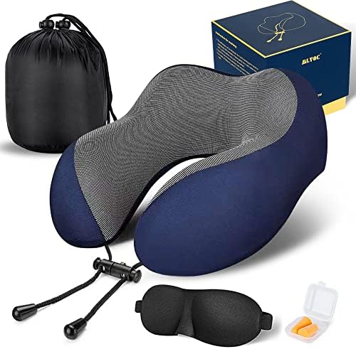  MLVOC Travel Pillow 100% Pure Memory Foam Neck Pillow, Comfortable & Breathable Cover, Machine Washable, Airplane Travel Kit With 3D Contoured Eye Masks, Earplugs, And Luxury Bag, Standard (Black)