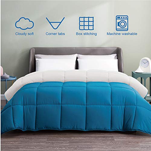  Eversible Down Alternative Quilted Comforter, Hypoallergenic & Lightweight For Spring, Duvet Insert With Corner Tabs, Full/Queen Size, Teal Blue/White