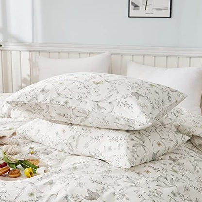  White Botanical Floral Duvet Cover Set King Size 100% Cotton Plants Flower Blossom Printed Comforter Cover Modern Rustic Flower Comforter Quilt Cover With Zipper And Closure 3 Pieces Bed Set