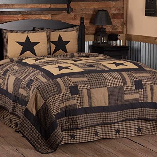  VHC Brands Black Check Star Queen Quilt 90Wx90L Country Rustic Primitive Design, Black And Tan