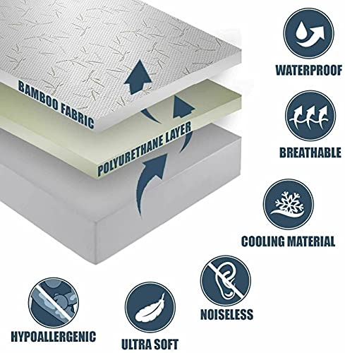  Bamboo Mattress Protector With Zipper - 100% Waterproof Queen Size Mattress Cover - Ultra Soft Jacquard Fabric Cooling Breathable Noiseless Mattress Pad Covers - Zippered Mattress Encasement