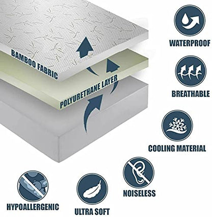  Bamboo Mattress Protector With Zipper - 100% Waterproof Queen Size Mattress Cover - Ultra Soft Jacquard Fabric Cooling Breathable Noiseless Mattress Pad Covers - Zippered Mattress Encasement