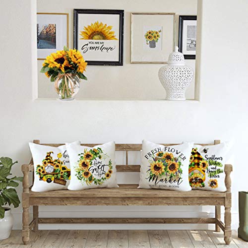  KACOPOL Sunflower Pillow Covers Set Of 4 18x18 Rustic Flower Market Farmhouse Truck Sunflower Bee Gnomes Home Eocr Throw Pillow Case Cushion Cover Spring Summer Decorations (Yellow-Hello Sunshine)