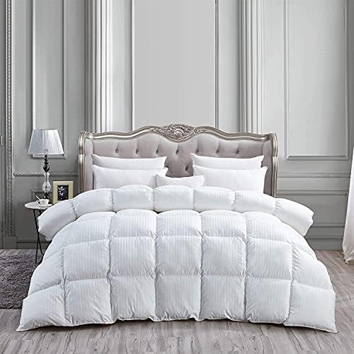  Luxurious Heavy King/California King Siberian Goose Down Comforter All-Season Duvet Insert, Premium Baffle Box, 1200 Thread Count 100% Egyptian Cotton, 75 Oz Fill Weight, White Damask Stripe