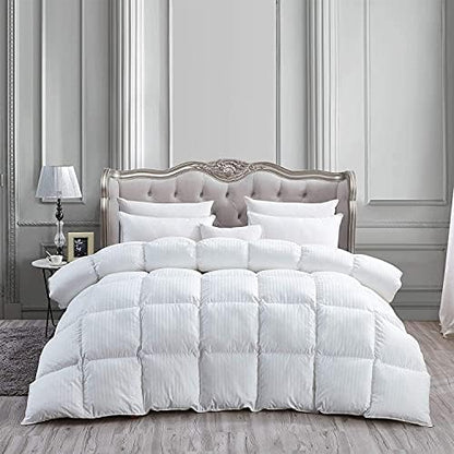  Luxurious Heavy King/California King Siberian Goose Down Comforter All-Season Duvet Insert, Premium Baffle Box, 1200 Thread Count 100% Egyptian Cotton, 75 Oz Fill Weight, White Damask Stripe