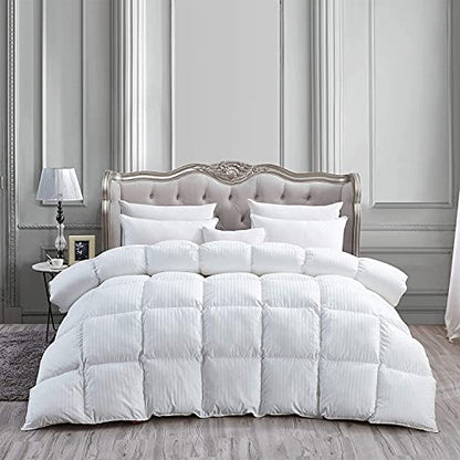  Luxurious Heavy King/California King Siberian Goose Down Comforter All-Season Duvet Insert, Premium Baffle Box, 1200 Thread Count 100% Egyptian Cotton, 75 Oz Fill Weight, White Damask Stripe