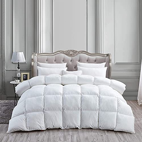  Luxurious Heavy King/California King Siberian Goose Down Comforter All-Season Duvet Insert, Premium Baffle Box, 1200 Thread Count 100% Egyptian Cotton, 75 Oz Fill Weight, White Damask Stripe