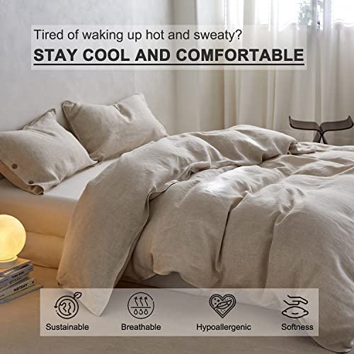  TOSMO 100% Linen Duvet Cover Set With Button Design, 3 Pieces (1 Duvet Cover With 2 Pillowcases), Soft Breathable Durable Farmhouse Bedding - Queen, Natural Linen