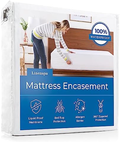 Linenspa Zippered Mattress Encasement - Waterproof & Bed Bug Proof - Premium Noiseless & Absorbent Cover - Dorm Room Essentials - Twin XL, White