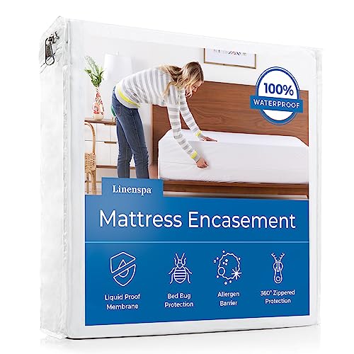  Linenspa Zippered Mattress Encasement - Waterproof & Bed Bug Proof - Premium Noiseless & Absorbent Cover - Dorm Room Essentials - Twin XL, White