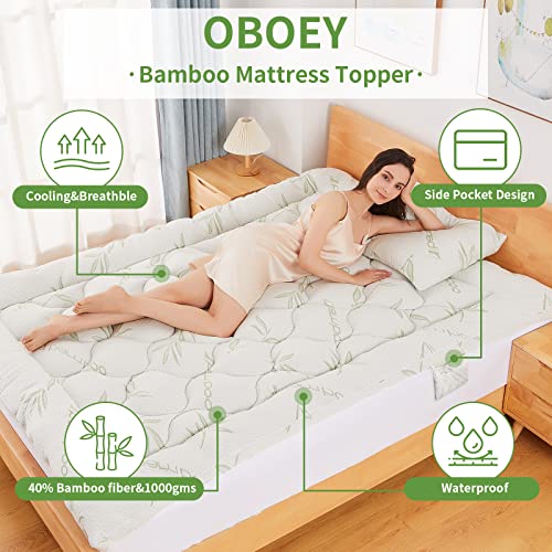  Amboo Mattress Topper With 1 Pillow Protector, Side Pocket, Waterproof Mattress Protector, Cooling Extra Thick Breathable Mattress Pad Cover,8-21” Deep Pocket- Queen