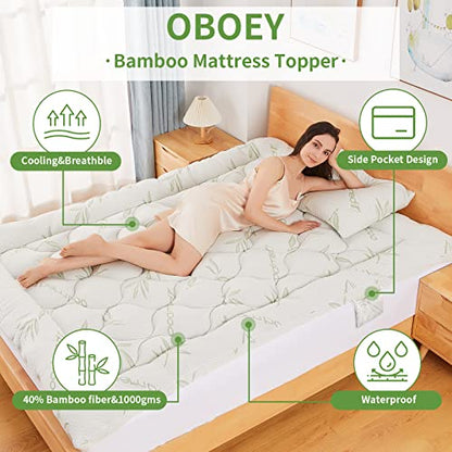  Amboo Mattress Topper With 1 Pillow Protector, Side Pocket, Waterproof Mattress Protector, Cooling Extra Thick Breathable Mattress Pad Cover,8-21” Deep Pocket- Queen