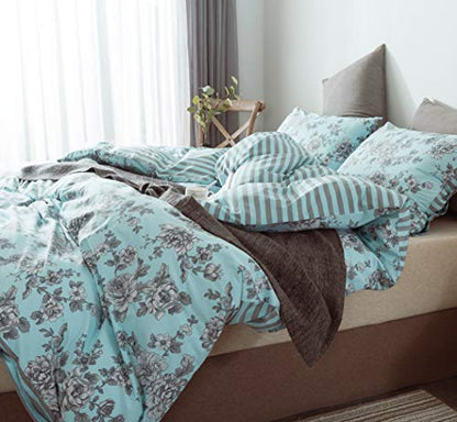  3-Piece Cotton Duvet Cover Set. 100% Cotton Percale Fabric. Real Reversible Design. Pre-Washed Printed Fabrics. Soft And Easy Care. Modern Farmhouse Style. (Green, King Set)