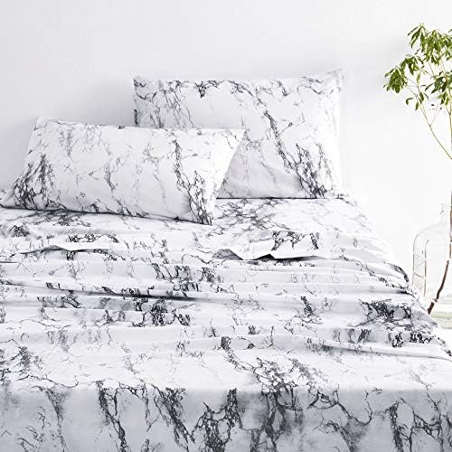  - Marble Sheet Set, Black White And Gray Grey Modern Pattern Printed, Soft Microfiber Bedding (4pcs, Queen Size)