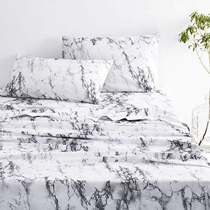  - Marble Sheet Set, Black White And Gray Grey Modern Pattern Printed, Soft Microfiber Bedding (4pcs, Queen Size)
